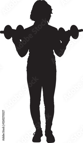 vector; silhouette, front view of a woman holding dumbbells