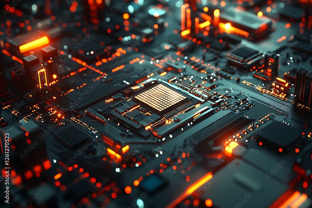 a microprocessor chipset on an illuminated circuit board, representing cyber technology, AI, and electronics in a futuristic setting a microprocessor chipset on an illuminated circuit board, representing cyber technology, AI, and electronics in a futuristic setting