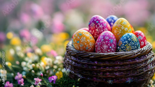 una cesta o canasta con huevos de pascua decorados de colores vibrantes para celebrar la pascua diseño adorable