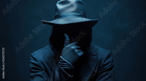 Silhouette of a man in a hat with his face hidden. Hacker spy. Dark web, hacking, scam project fraudulent cheater concept.