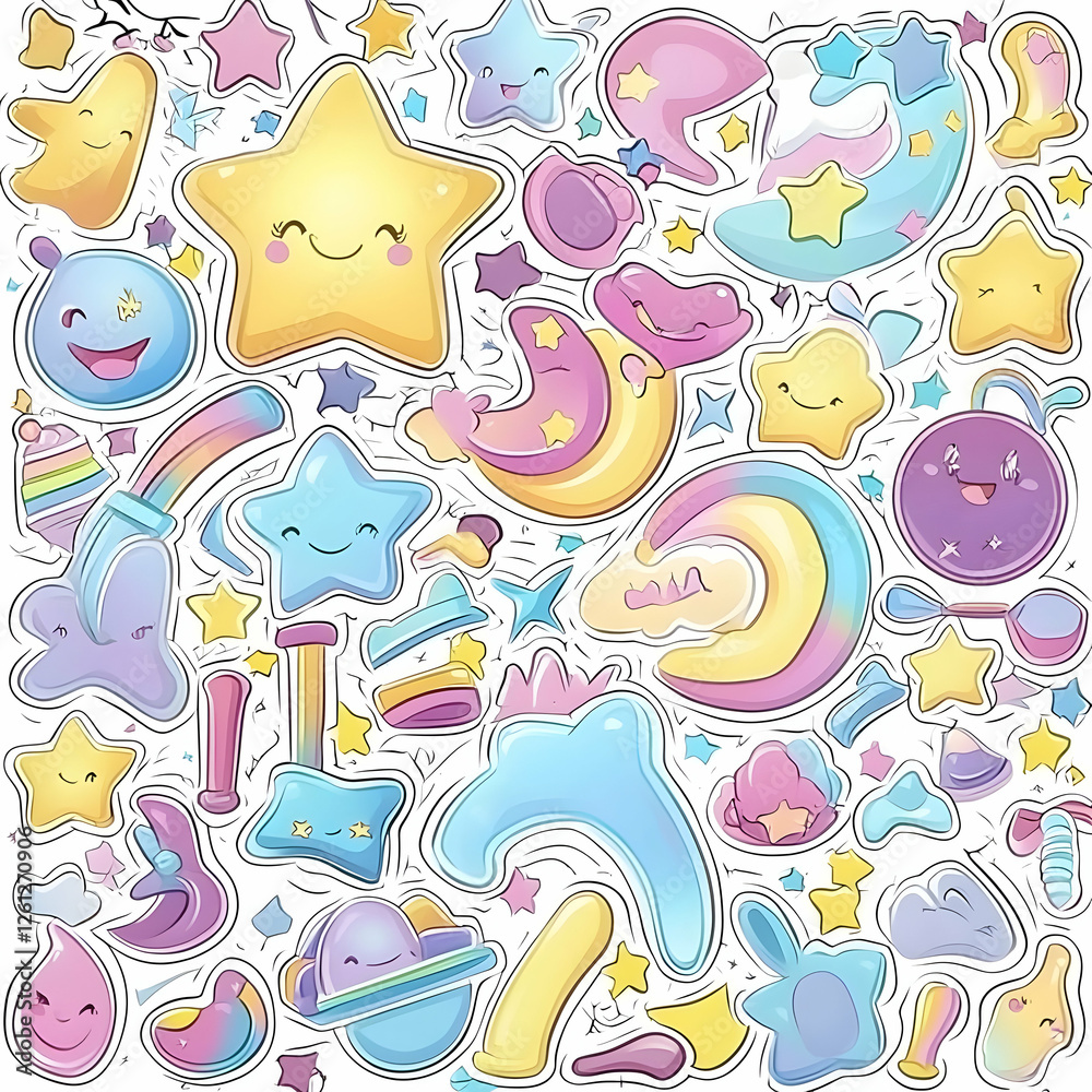 Fototapeta premium Cute cartoon stars, moons, and rainbows sticker sheet; children's craft; whimsical background