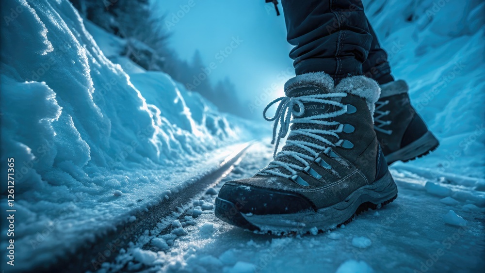 Insulated winter boots with adventurous mood on a snowy trail