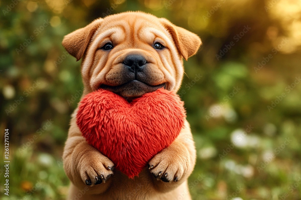 Obraz premium Marketing critter conceptual art. Chinese shar-pei - my treasured dog, symbol of friendship. Cute chinese shar-pei pup with fluffy red heart on a walk in a spring green space. Romantic pet.