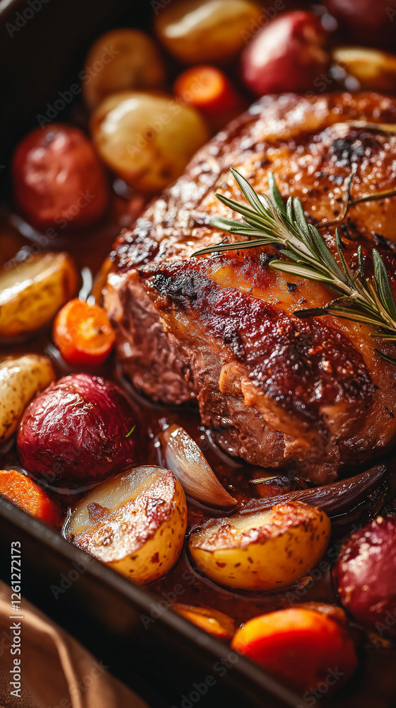 Illustration of roast of pork with potatoes, onions and carrots