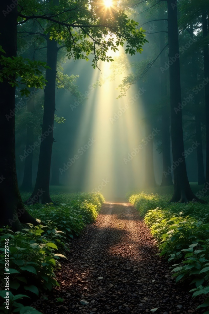 Fototapeta premium Sunbeams pierce dense fog, illuminating misty forest path, rays, mystical, view