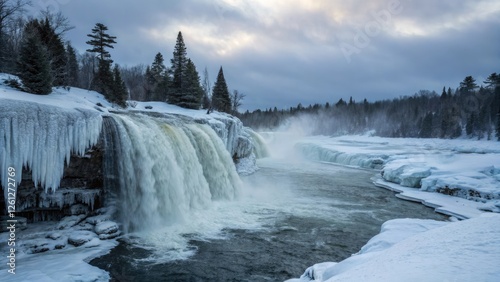 Powerful waterfall surrounded by icy formations in a remote natural setting