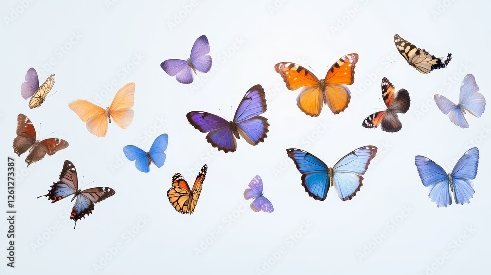 Fototapeta premium Colorful Butterfly Collection - A vibrant collection of butterflies in various colors and positions, perfect for nature, spring, or insect-themed designs