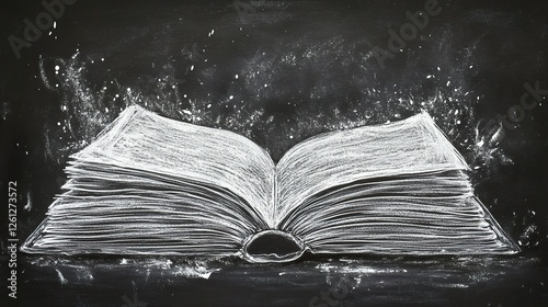 A book drawn with white chalk on a black background, detailed and artistic.