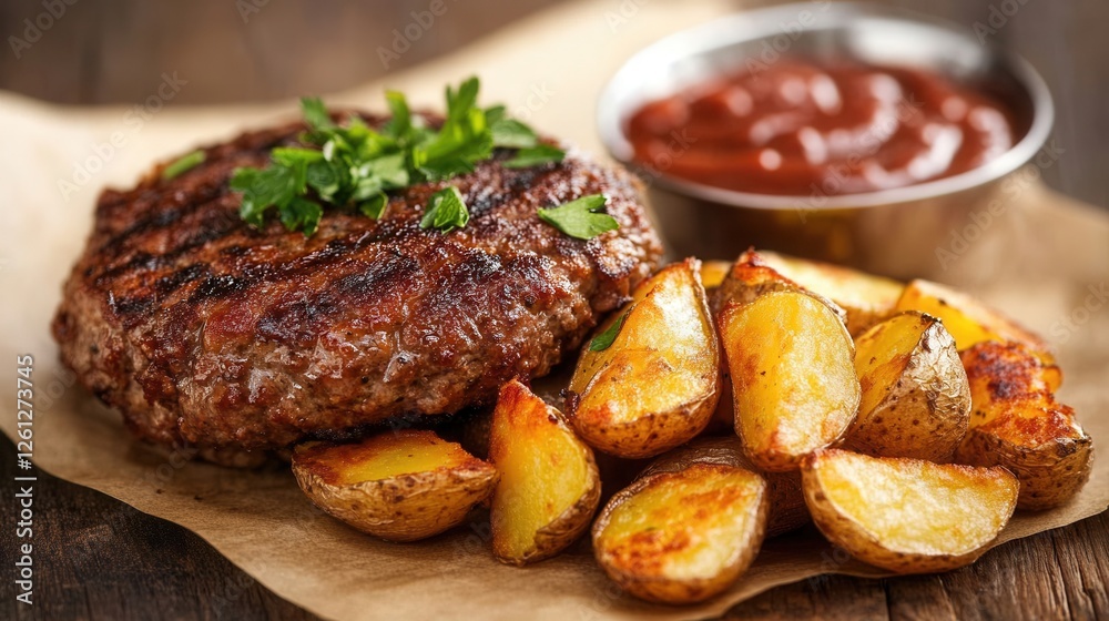 Homemade meat patties with crispy fried potatoes served on rustic wooden table Homemade meat patties with crispy fried potatoes served on rustic wooden table