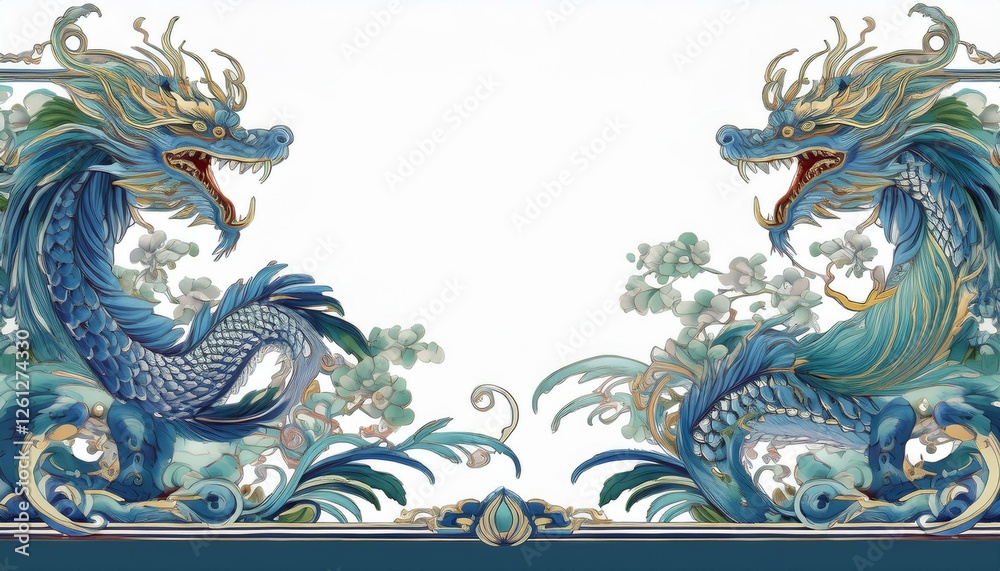 Fototapeta premium border frame of dragons and phoenix seamless pattern of classical chinese art background with copy space