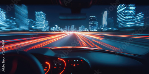 Night city drive, speeding car, blurred lights, cityscape backdrop, ad/promo