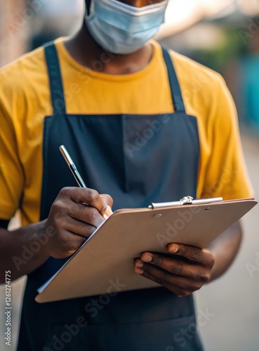 Individual in an apron taking notes on a clipboard while wearing a mask.