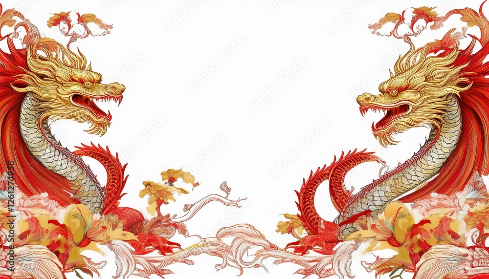 Fototapeta premium border frame of dragons and phoenix seamless pattern of classical chinese art background with copy space