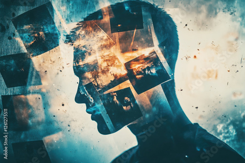 Silhouette of man with floating memories as photographs, surreal conceptual artwork, nostalgia, thoughts, past experiences, abstract emotions, copy space