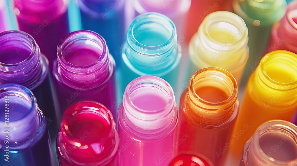 Close up of colorful nail polish bottles Close up of colorful nail polish bottles