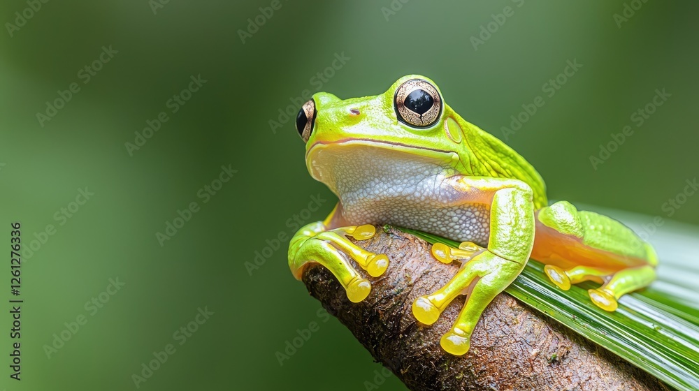 Green Tree Frog Perched on Branch, Lush Background, Wildlife Photography, Nature Green Tree Frog Perched on Branch, Lush Background, Wildlife Photography, Nature