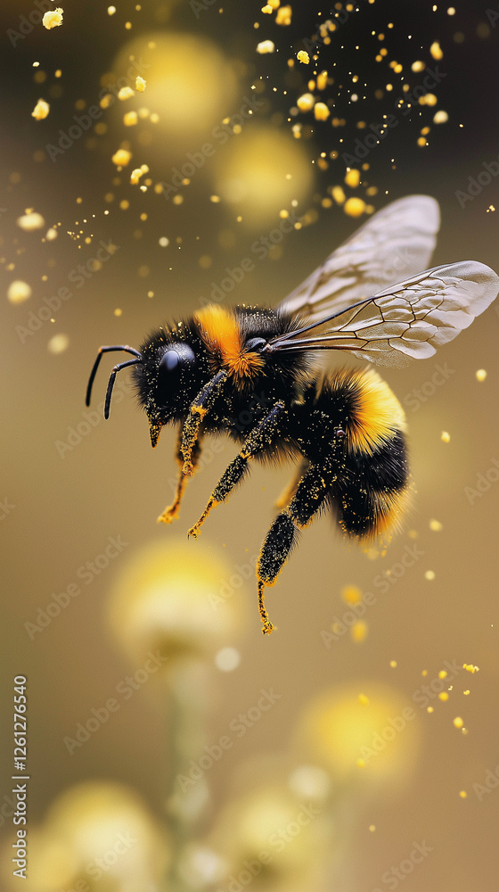 Pollen grains on and around a furry bumblebee with text space