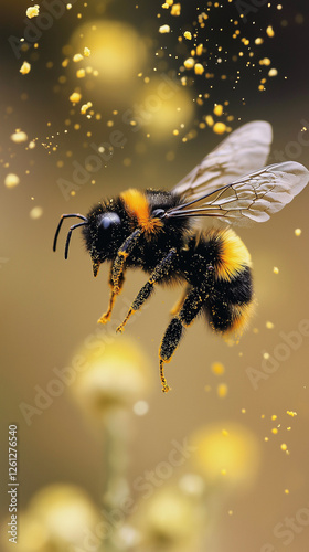 Obraz na płótnie Pollen grains on and around a furry bumblebee with text space w salonie