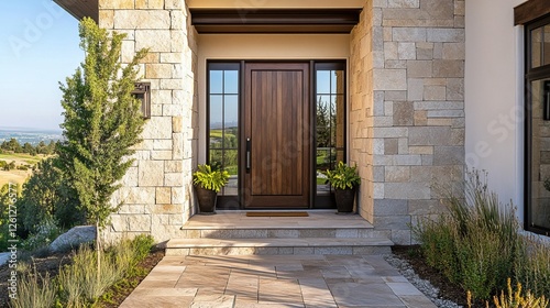 Contemporary house entryway featuring natural stone wall, wooden door, and clear sky in the morning light
