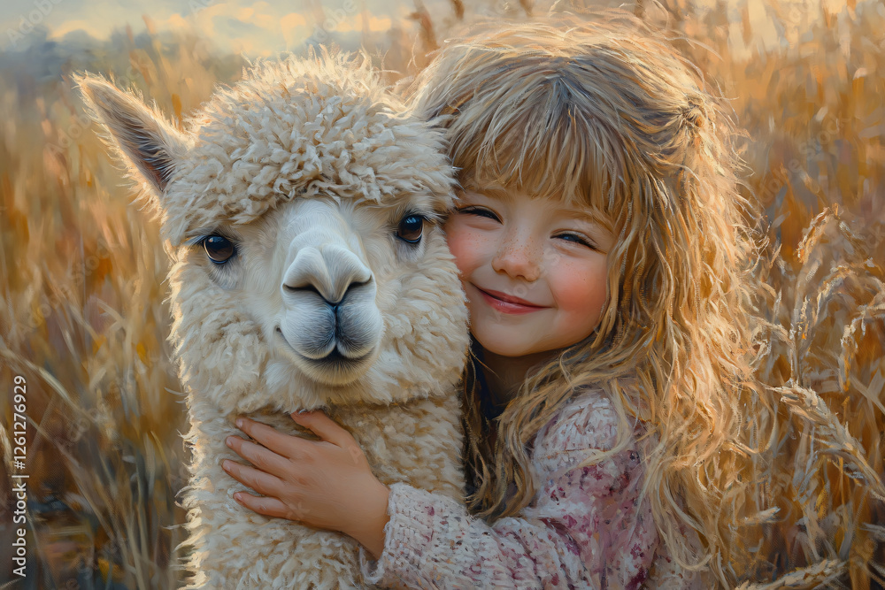 A child hugs a fluffy alpaca in a warm, picturesque countryside setting, ideal for family-oriented themes, animal affection, and playful moments in art. A child hugs a fluffy alpaca in a warm, picturesque countryside setting, ideal for family-oriented themes, animal affection, and playful moments in art.