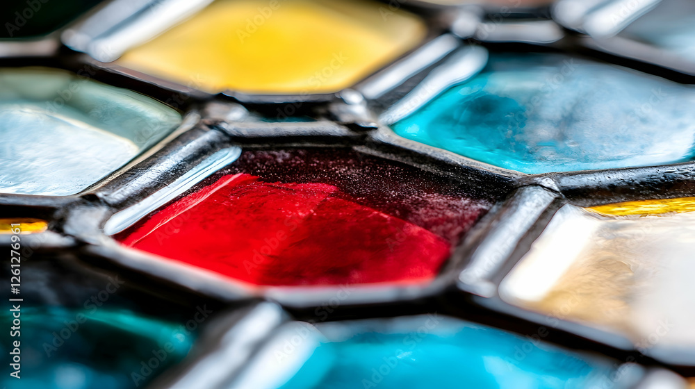 Colorful stained glass window detail, close-up texture, hexagonal pattern, church interior background, ideal for design or art projects Colorful stained glass window detail, close-up texture, hexagonal pattern, church interior background, ideal for design or art projects