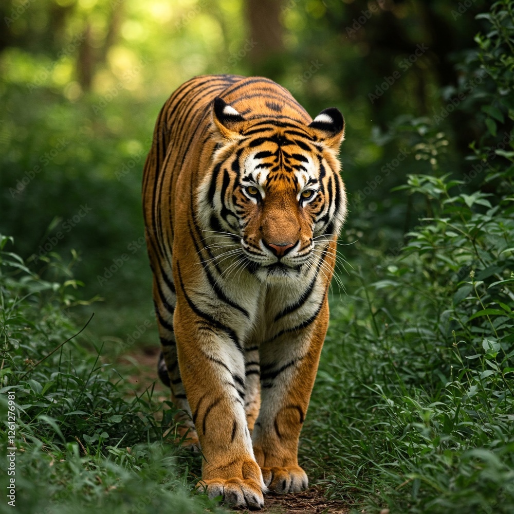 Bengal tiger walking in a lush green jungle Bengal tiger walking in a lush green jungle