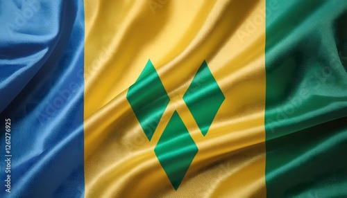 Vibrant Saint Vincent flag waving with luxurious satin texture - Patriotic and cultural symbol