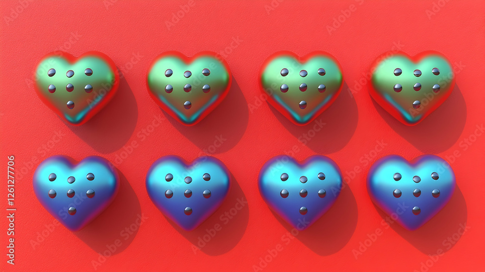 Colorful hearts arranged on a red surface, 3D rendering, creative design, possible use for Valentine's Day or celebration design Colorful hearts arranged on a red surface, 3D rendering, creative design, possible use for Valentine's Day or celebration design