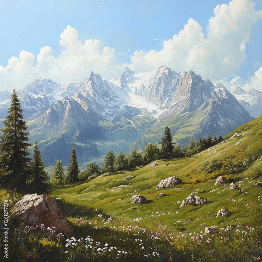 Beautiful alpine landscape with mountains in the background. Digital painting. Beautiful alpine landscape with mountains in the background. Digital painting.