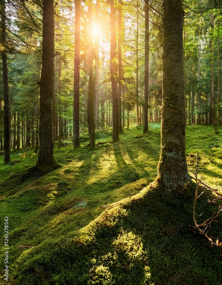 A vibrant green forest with towering trees, soft moss-covered ground, and golden sunlight filtering through the canopy. A peaceful and untouched natural environment, symbolizing Earth’s beauty and the A vibrant green forest with towering trees, soft moss-covered ground, and golden sunlight filtering through the canopy. A peaceful and untouched natural environment, symbolizing Earth’s beauty and the