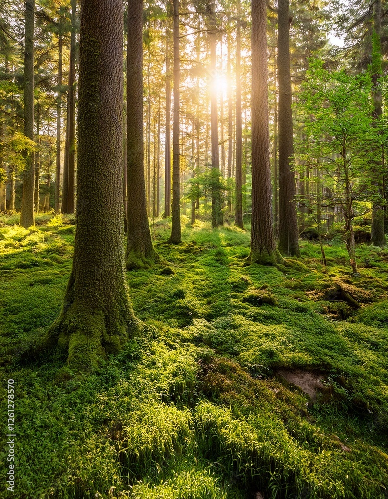 Obraz premium A vibrant green forest with towering trees, soft moss-covered ground, and golden sunlight filtering through the canopy. A peaceful and untouched natural environment, symbolizing Earth’s beauty and the