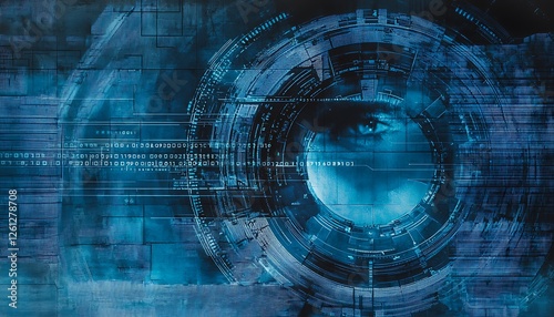 Composite image blue technology interface with binary code, symbolizing futuristic data systems