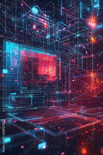 Computer technology low-poly wireframe banner design, featuring software development and freelance design elements for digital posters