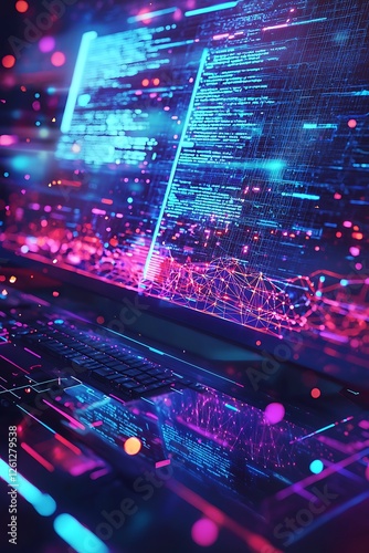 Computer technology low-poly wireframe banner design, featuring software development and freelance design elements for digital posters
