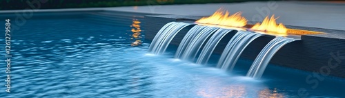 Elegant poolside fire feature with smooth ceramic and cascading water streams