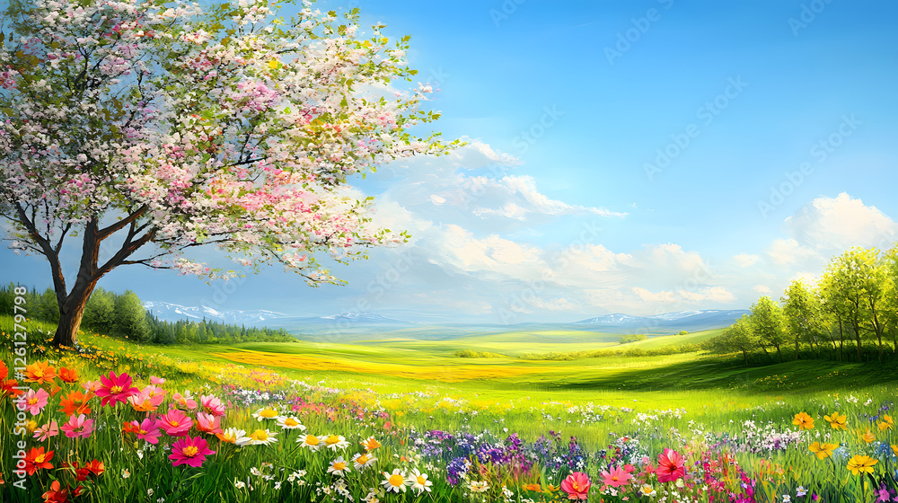 Obraz premium A picturesque spring landscape painting, showcasing vibrant flowers in full bloom on the grassy fields under clear blue skies 