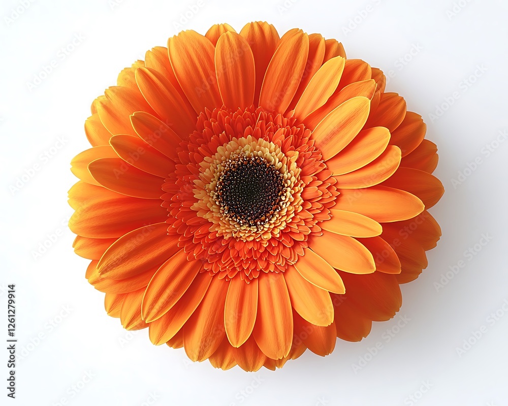 Bright orange gerbera daisy with a detailed center, top view, isolated on a white background. Bright orange gerbera daisy with a detailed center, top view, isolated on a white background.