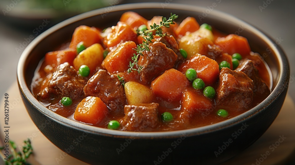 Hearty beef stew with tender chunks of slow-cooked meat, vegetables, and rich gravy in a rustic bowl Hearty beef stew with tender chunks of slow-cooked meat, vegetables, and rich gravy in a rustic bowl