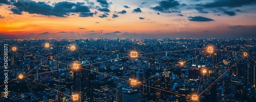 Concept communication network technology for internet business, showcasing global networks, telecommunication, and cryptocurrency with IoT and blockchain elements