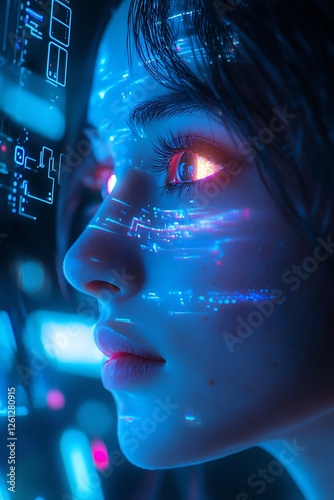 Concept future technology or entertainment system, with a female portrait lit by HUD interface