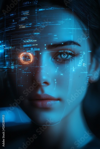 Concept future technology or entertainment system, with a female portrait lit by HUD interface
