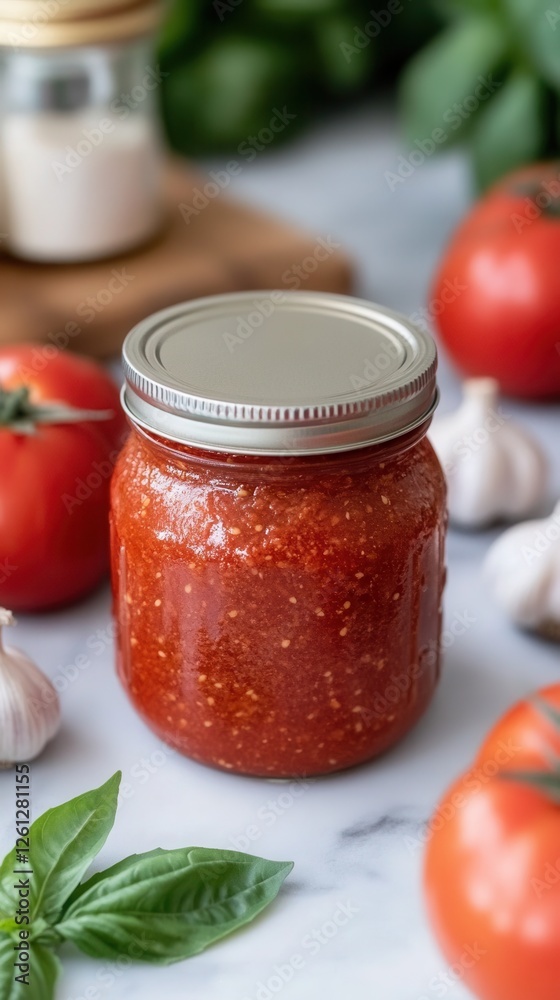 Homemade tomato sauce in a jar showcased with fresh tomatoes, garlic, and basil on a wooden table. homemade ketchup, adjika, tomato sauce Homemade tomato sauce in a jar showcased with fresh tomatoes, garlic, and basil on a wooden table. homemade ketchup, adjika, tomato sauce