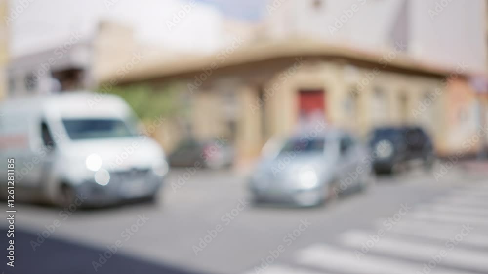 Blurry city street scene showing man walking and traffic in the background with white van and cars on a sunny day Blurry city street scene showing man walking and traffic in the background with white van and cars on a sunny day