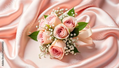 Canvastavla Delicate rose corsage with satin ribbon on silk, soft elegant beauty