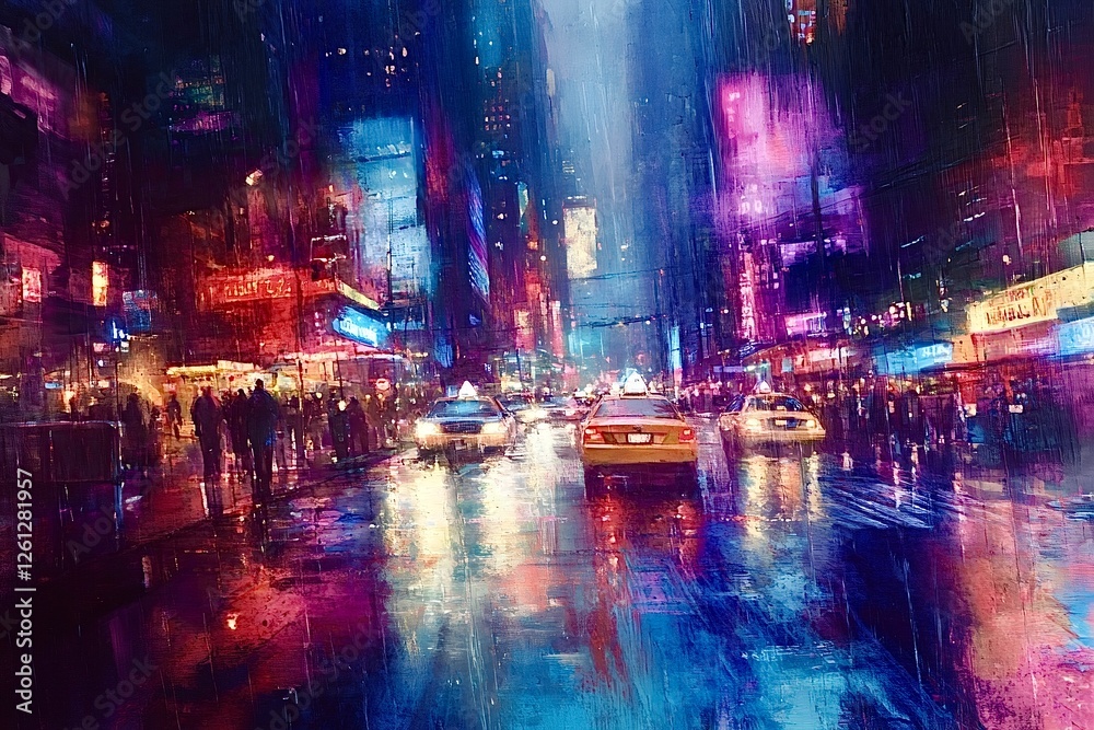 Fototapeta premium Yellow cabs driving on times square under heavy rain at night