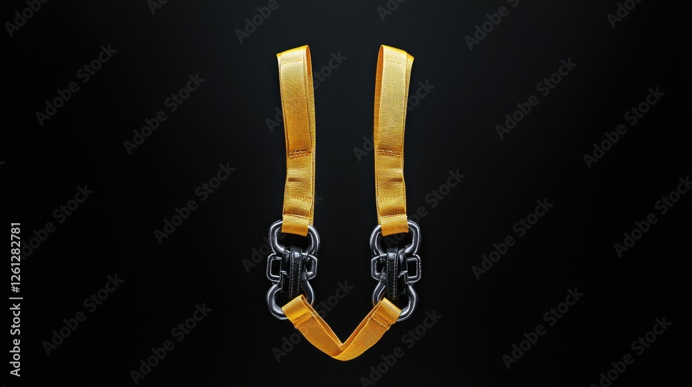 Gold straps and chains on black background, lifting equipment