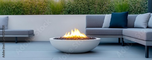 Luxury garden fireplace with a sculptural fire bowl and modern seating arrangement