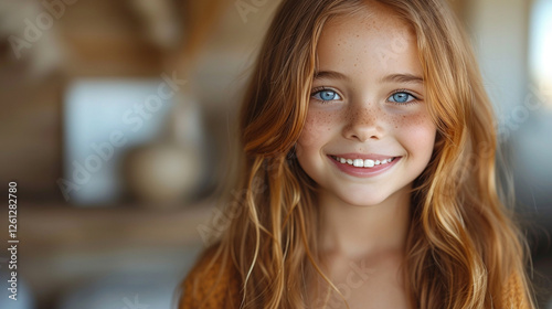 A young blue-eyed girl with blond hair smiles sweetly.