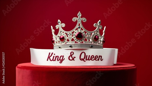 Crown and satin sash for Prom King & Queen on velvet podium, elegance.