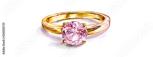 A beautiful watercolor illustration of a rose gold ring with a large diamond
